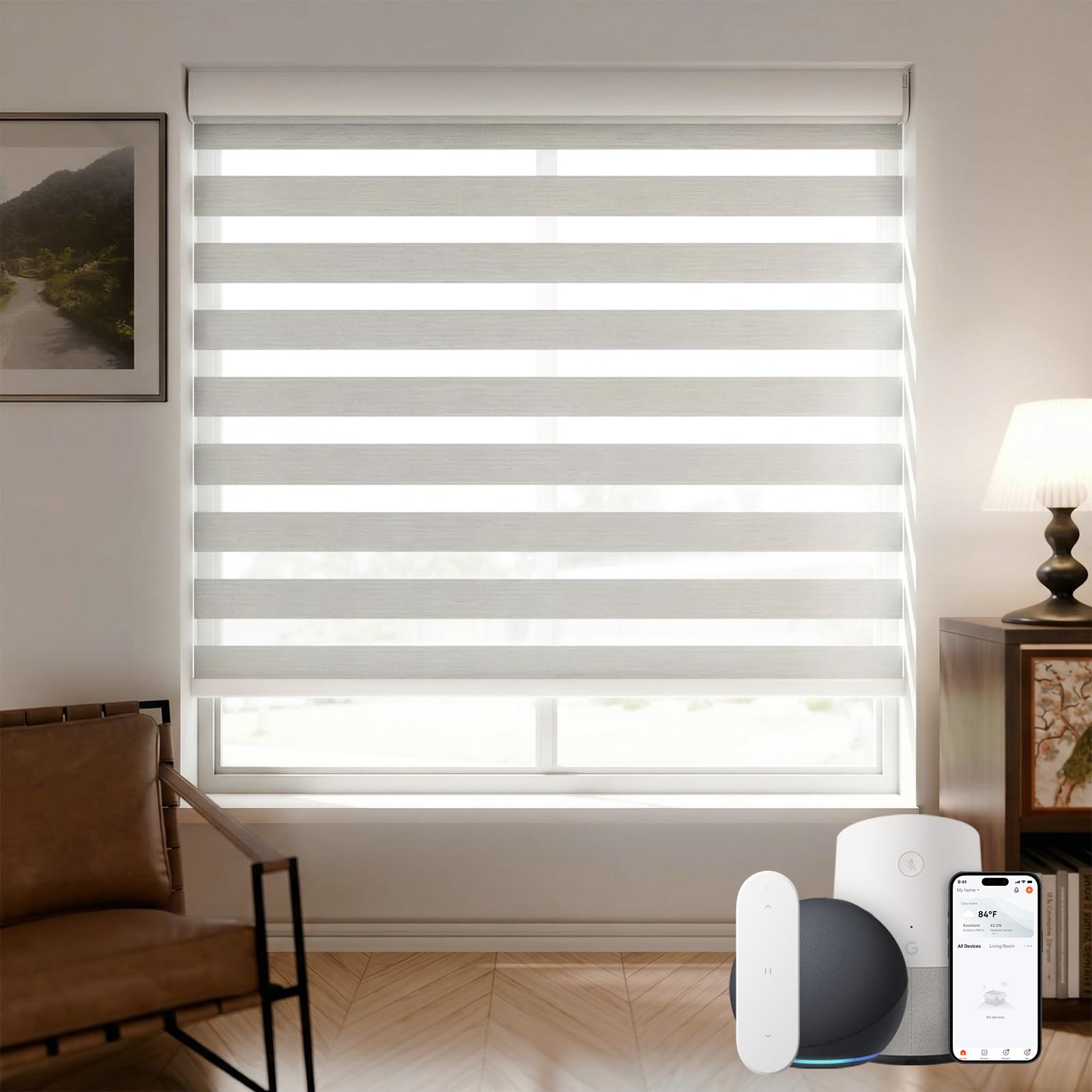 Upgrade smart, Battery-powered, silent, dual-layer fabric, voice-control ready, no wiring. Perfect for bedrooms and offices Motorized Zebra Blinds with Remote, Cordless Smart Shades, Grey, 35 x 72