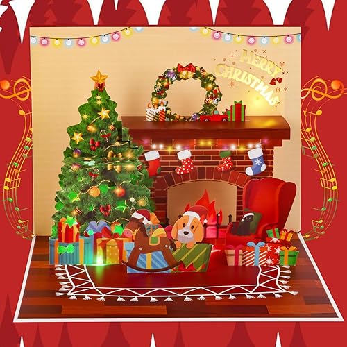 Miniatura 9 de Hxezoc Tarjeta de Navidad con luces para chimenea en 3D, Wish You A Merry Christmas Music Play Tarjetas de regalo de Navidad para familiares,