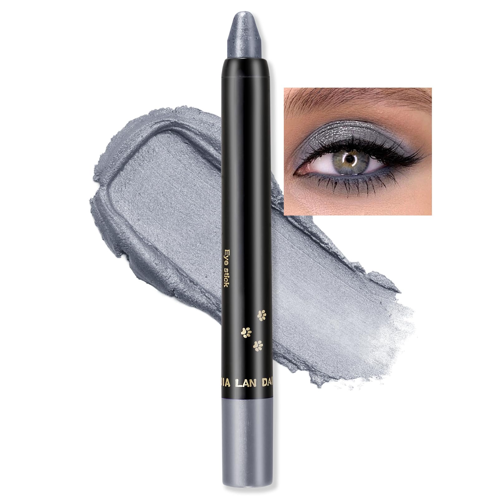 Erinde Lápiz de sombra de ojos con purpurina gris, barra de sombra de ojos gris resistente al agua y de larga duración, delineador de ojos en crema nacarada, lápiz de maquillaje de ojos con brillo met