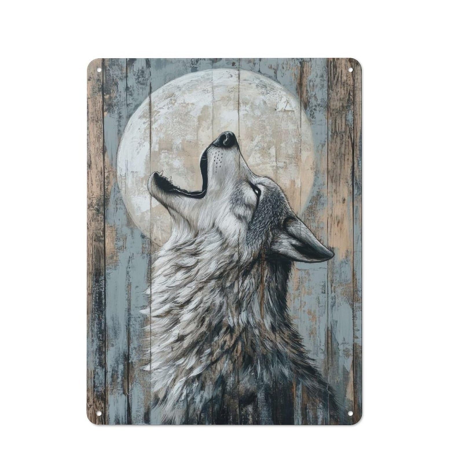 Junmoney Howling Wolf Under The Moon Art Minimal Wild Animal Print Rustic Metal Sign 40X30cm For Guest Room Or Hallway, Suited To Hallway Wall Decor Fans