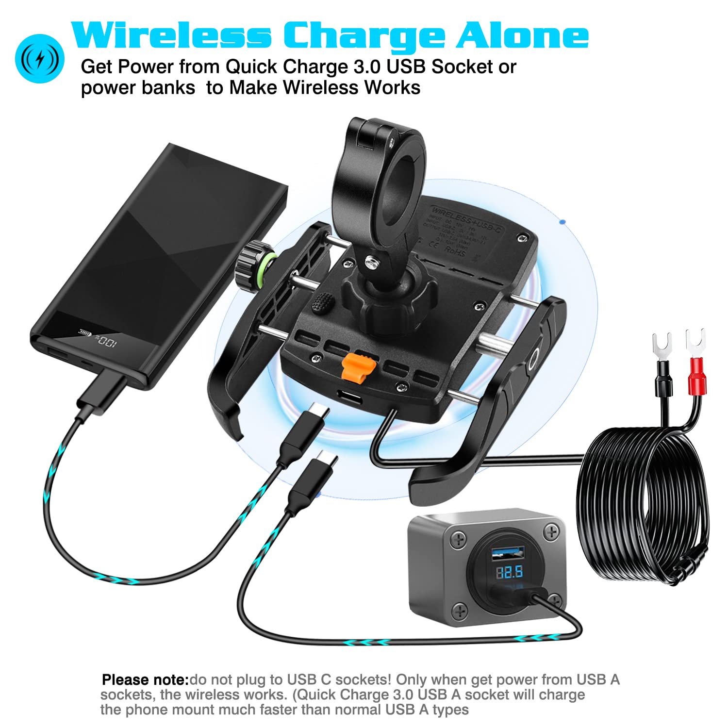iMESTOU Motocyklowa bezprzewodowa ładowarka do telefonu QC3.0 USB C kierownica / lusterko wsteczne uchwyt na telefon działa z motocyklami 12 V/24 V lub podłączając do gniazda USB A, uniwersalna do