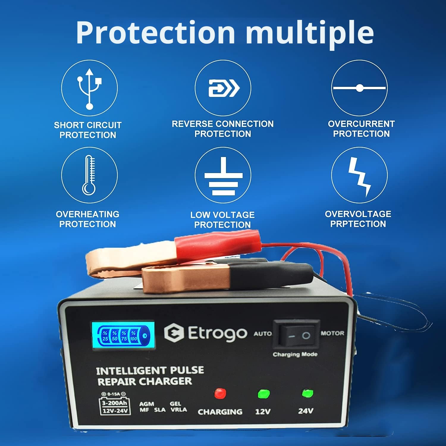 Etrogo Chargeur de Batterie de Voiture 12V 24V 10A Chargeur de Batterie Rapide Chargeur d'impulsions avec écran à Barre LED pour Voiture et Moto ou Bateau