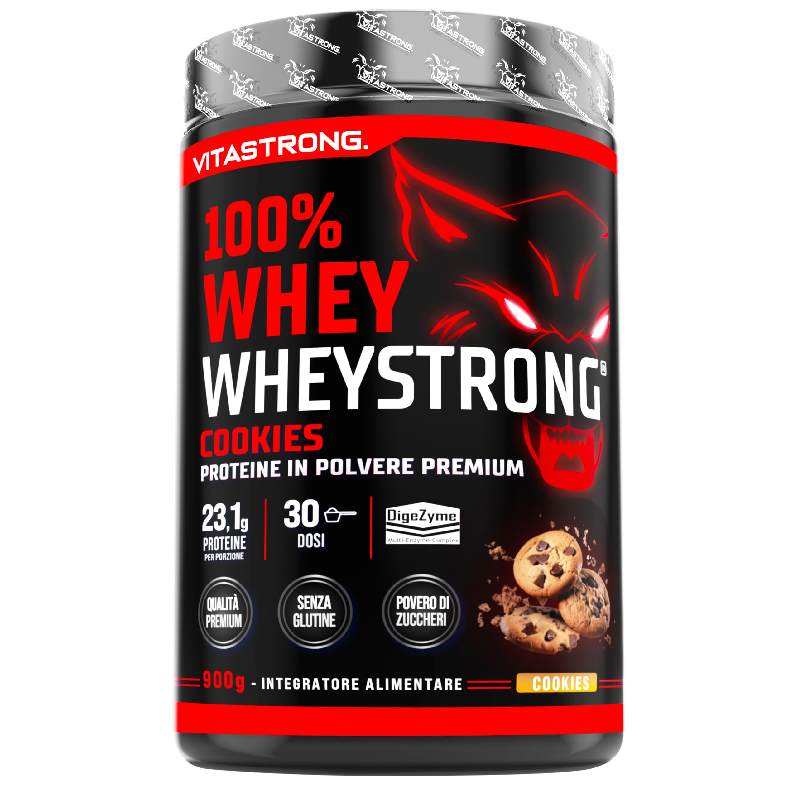 Proteínas en polvo galletas Cookies, 900 g, 100% proteína de suero de leche Whey con DigeZyme® de alta digestibilidad y concentración, de proveedores italianos, Whey Protein Premium Vitastrong