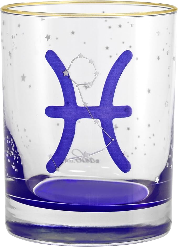 Culver 22k Gold Rim Pisces Astrological Zodiac Sign Blue Outside Bottom DOF Double Old Fashioned Glass, 13.5-Ounce (Single Glass) (Pisces) February 19-March 20