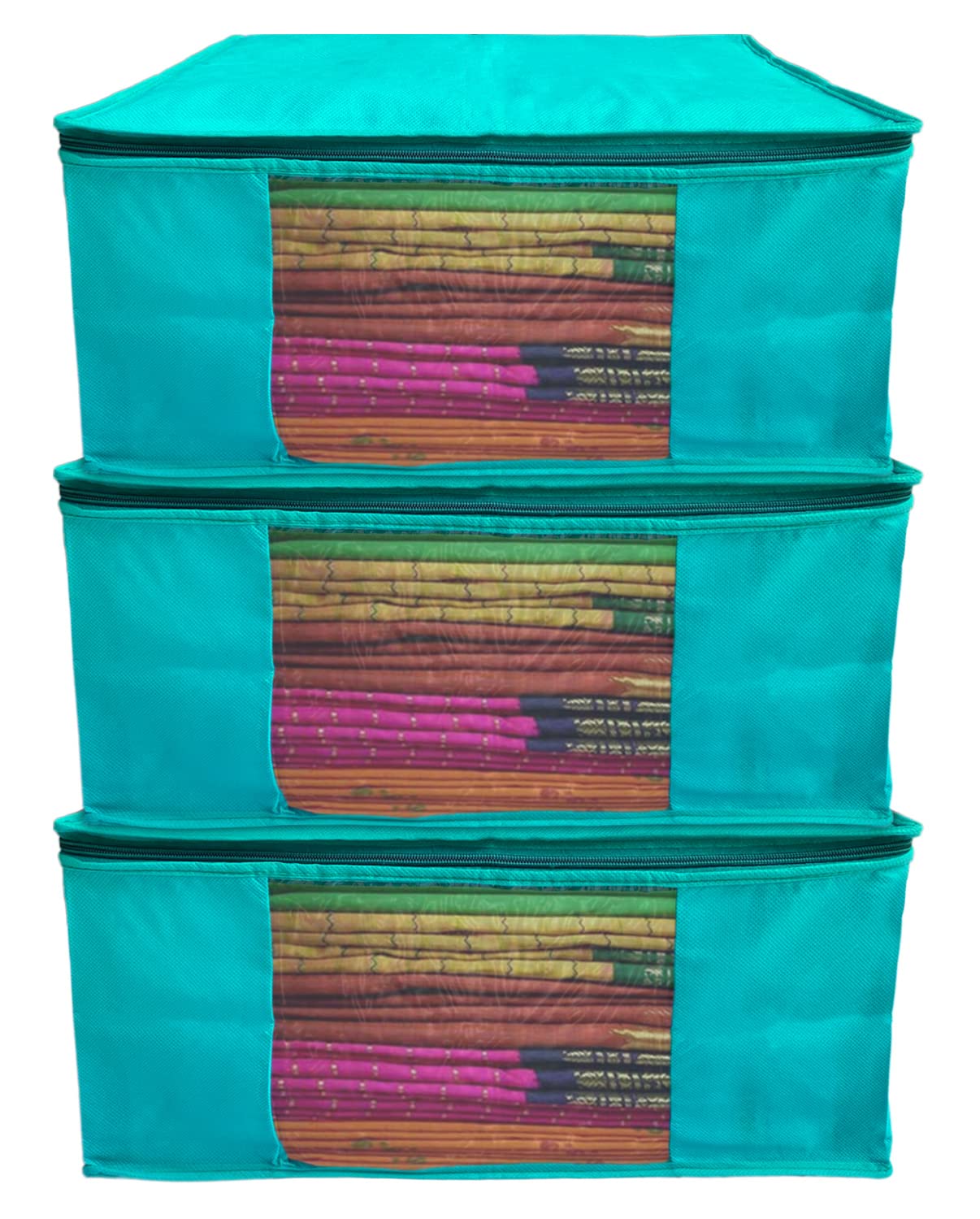 Kuber Industries Wardrobe Organizer/Cover/Storage Bag For Store Saree, Lehenga, Suit, Dress, Clothes- Pack Of 3 (Blue), Non-Woven Fabric, 36 Cm