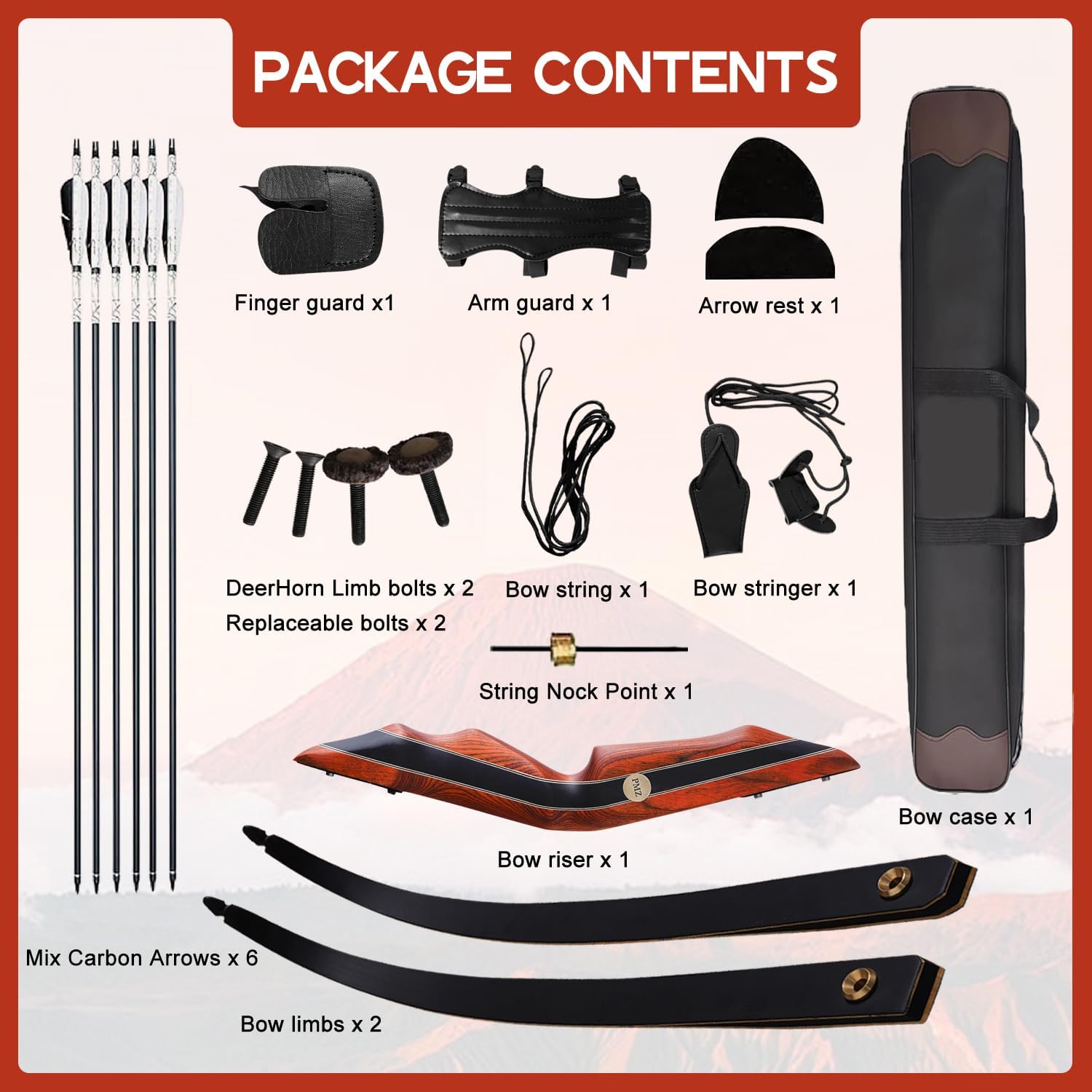 PMZ Flame Z8 Recurve Bow and Arrow Set for Youth Adult, 60" Wooden Takedown Traditional Hunting Bow Kit with 6pc Arrows for Intermediate Practice Competition (20-60lbs) RH Only
