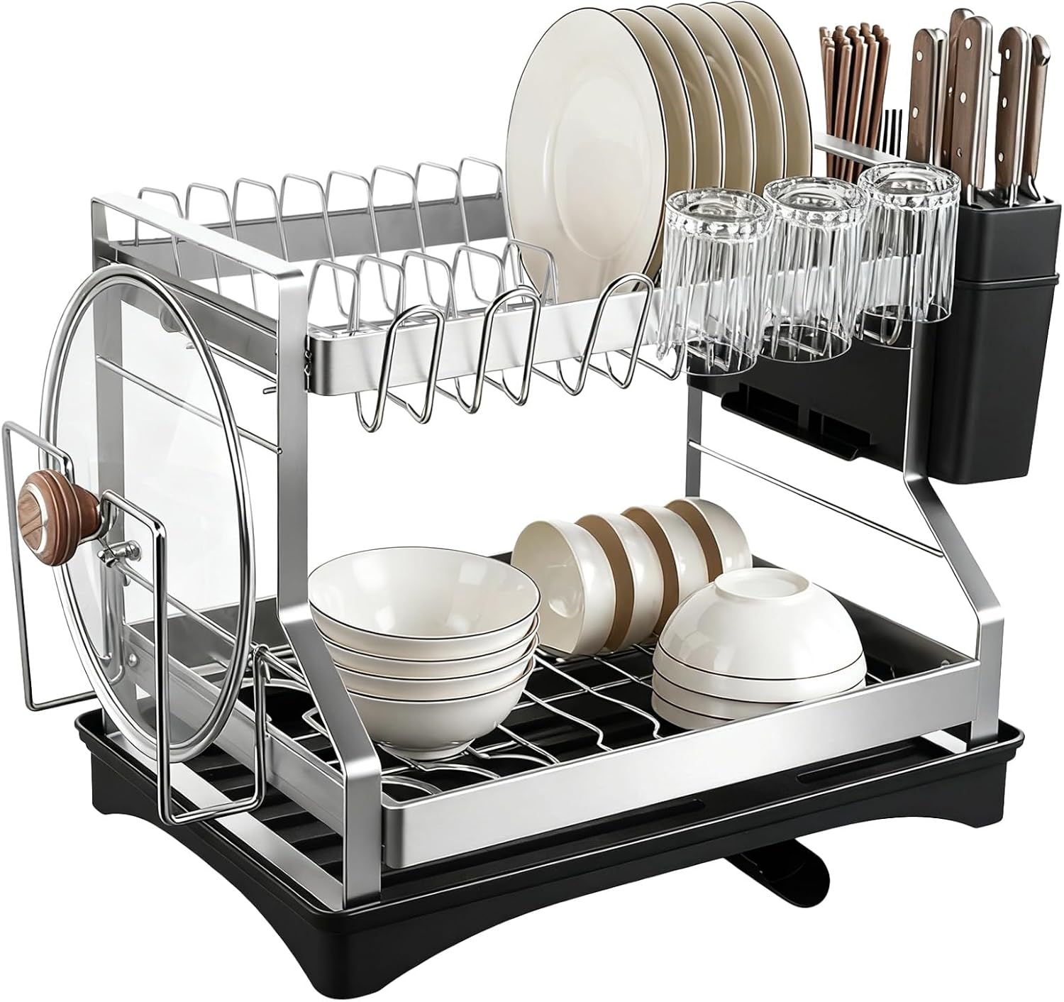 OMISTAR 2 Tier Dish Drying Rack, Large Dish Rack for Kitchen Counter, Stainless Steel Dish Rack with Drainboard and Utensil Holder, Cup Holder, Cutting Board Holder