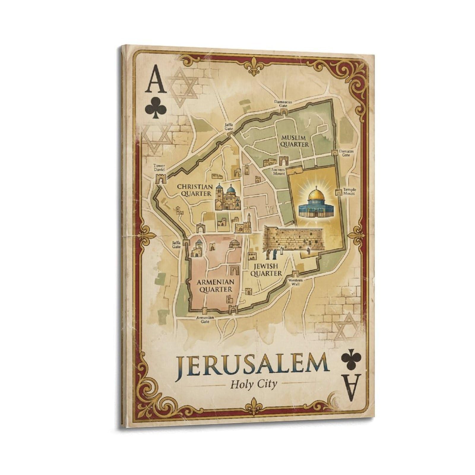 OKNGB Vintage City Map Poster Jerusalem Holy City Playing Card Style Decorative Painting Canvas Art Picture 24x36inch(60x90cm)