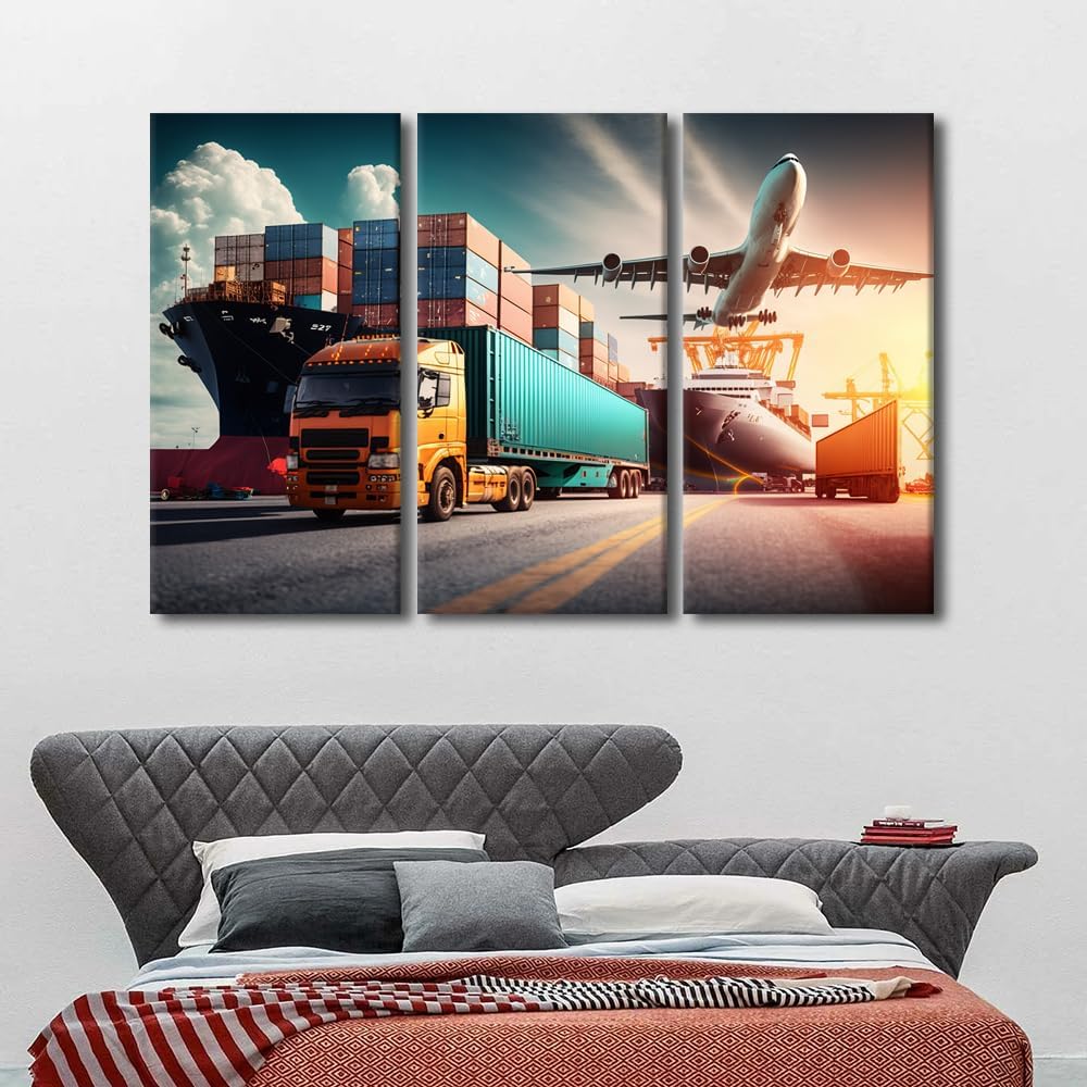 3 Panel Framed Wall Art Class Businesses of Trains Transportation Containers for Logistics Concepts Posters Prints Modern Artwork Giclee Wooden Framed Gallery-Wrapped Ready to Hang 60x40 in