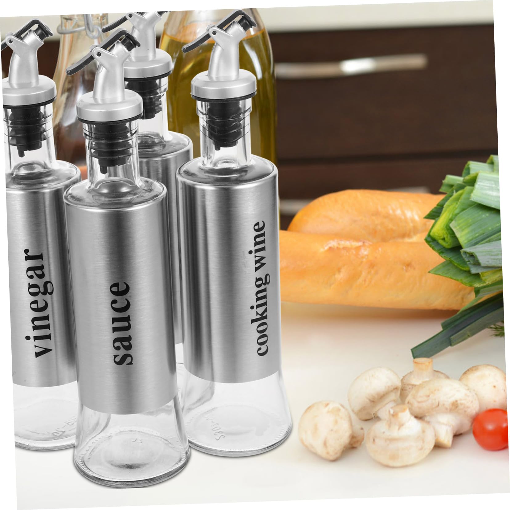 Dispensadoras de Aceite y Vinagre de 300ml Juego de 4 Botellas Diseño Antigoteo en Vidrio y Acero Inoxidable para Cocinas y Restaurantes