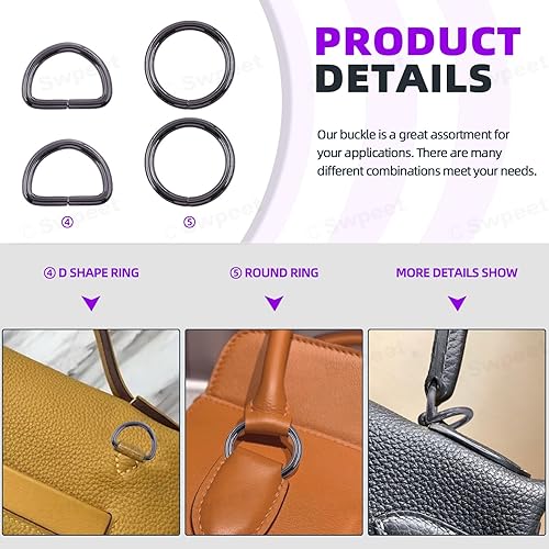 Miniatura 5 de Swpeet 50 hebillas de metal de 5 estilos, hebillas de rodillo de metal, hebillas deslizantes ajustables de metal, anillo D, anillo circular, anillo