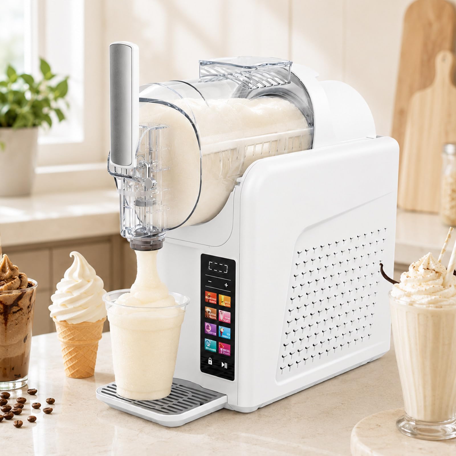 Máquina para Bebidas Frías con Pantalla Táctil – Máquina De Granizados 7 En 1,Ajusta La Textura De Hielo A Espesa,Prepara Helado Suave,Café Helado Y Cuenta con Bloqueo De Seguridad White