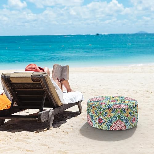 Miniatura 9 de LVTXIII - Otomana inflable para interiores y exteriores, reposapiés redondo con asa, 21 pulgadas de profundidad x 9 pulgadas de alto, puf portátil,