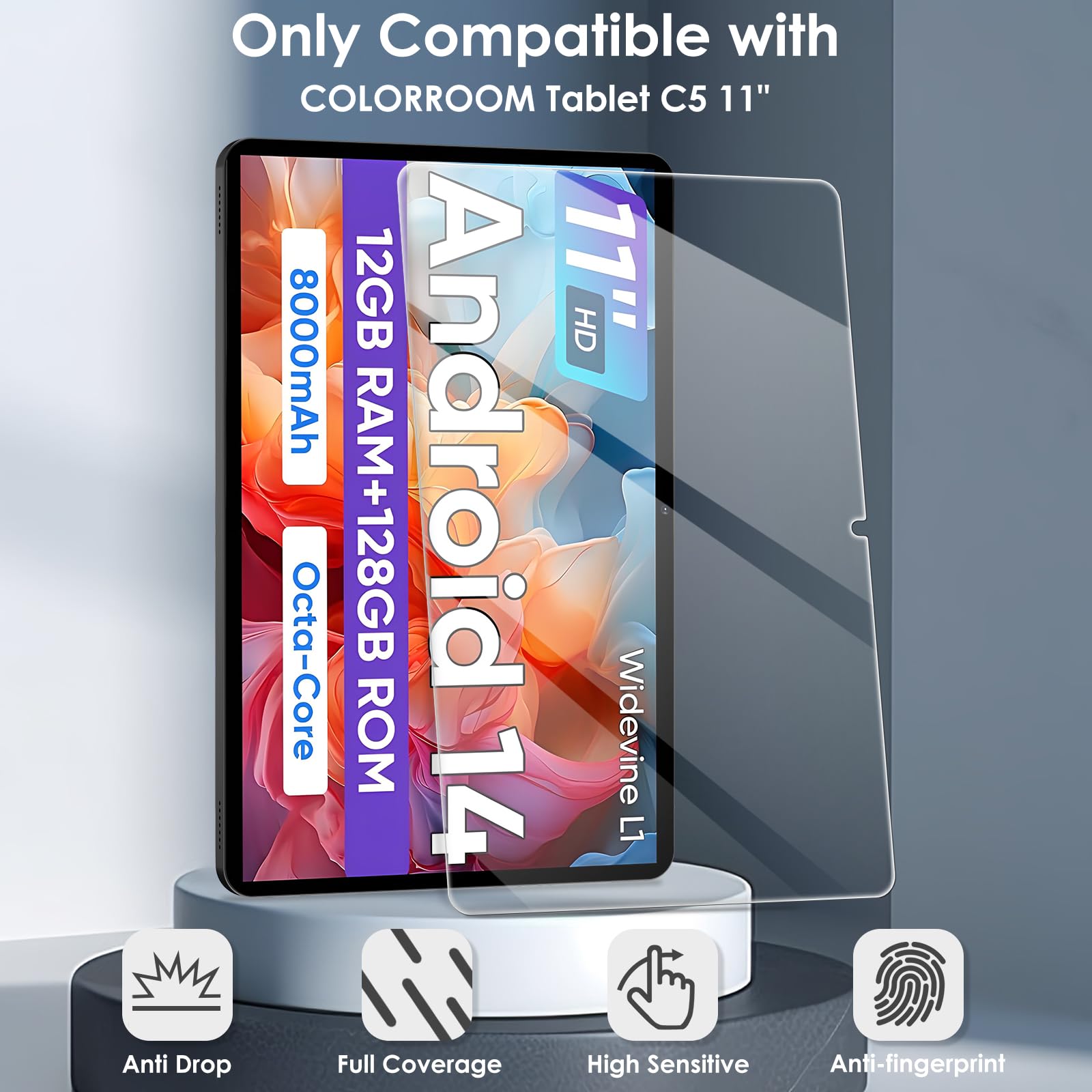 Paquete de 2 protectores de pantalla compatibles con COLORROOM Tablet C5 de 11 pulgadas Android 14, película transparente de vidrio templado, antiarañazos, dureza 9H, fácil instalación 5