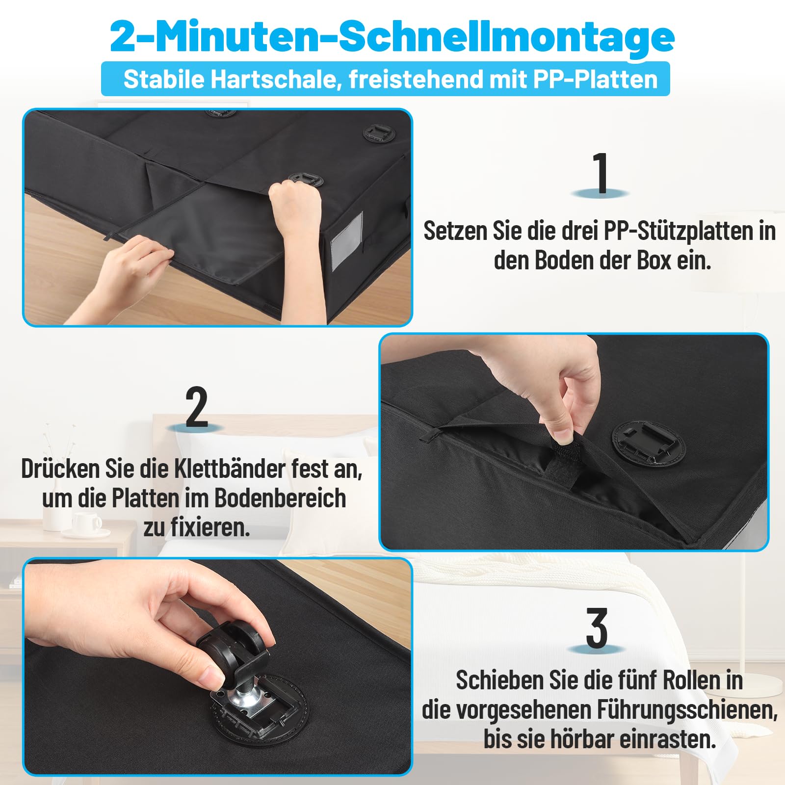 Kukikan Scatole portaoggetti sotto il letto, confezione da 2 pezzi, altezza 20 cm, 50 l, montaggio rapido, con coperchio trasparente e vassoio per etichettatura, ideali per vestiti