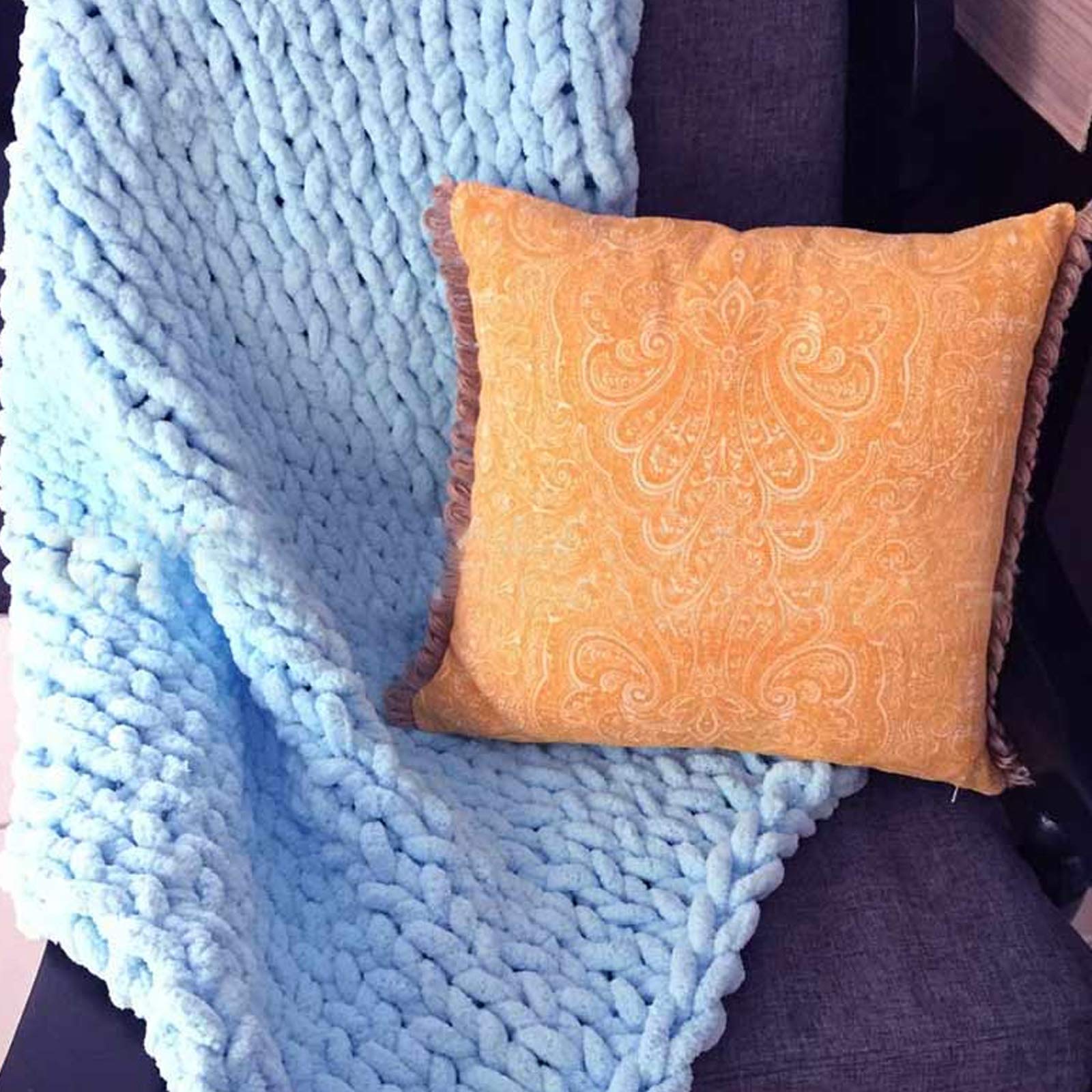 BWBG Chunky Knit Throw Blanket blue, Knitted Weighted Blanket Adult 100% Hand Made Soft Cozy Chenille Casual Roving Warm Knitting Throw For Bedroom Decor Chair Sofa Pet Mat-50x50cm