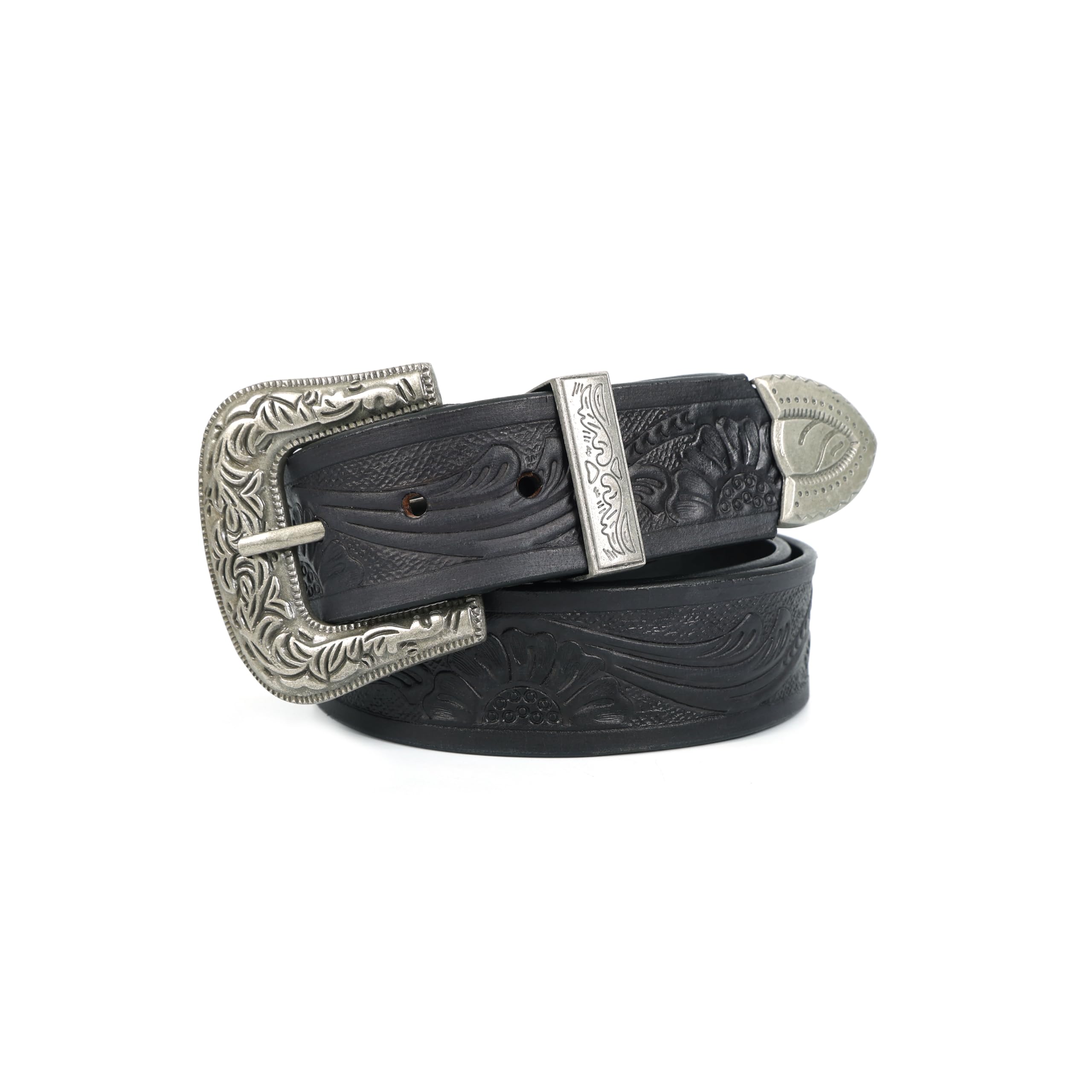 Men Genuine Leather Embossed Black Western Waist Accessory Ornate Buckle Tip-image-33