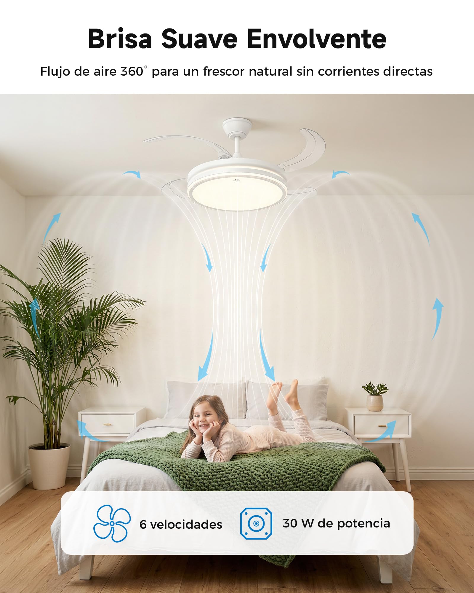 Woox Ventilador de Techo con Luz, 30W Motor DC + 50W Luz con Brillo y CCT Regulable sin Escalonamiento, Ventilador Retráctil de 4 Aspas, 6 Velocidades, con Control Remoto Funcion Verano e Invierno