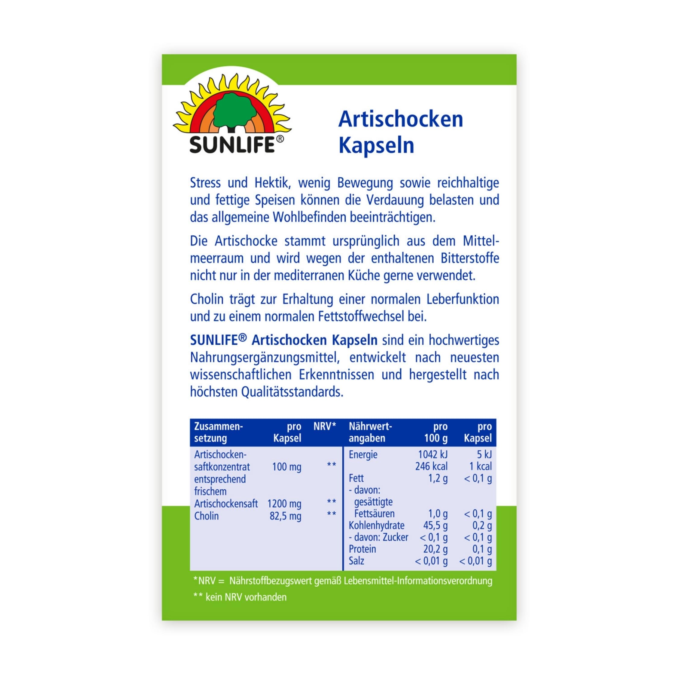 SUNLIFE Artischocken Kapseln hochdosiert I 1 x 60 Stück I Cholin mit Artischockensaftkonzentrat I Bitterstoffe für Verdauung & normale Leberfunktion I glutenfrei laktosefrei sojafrei