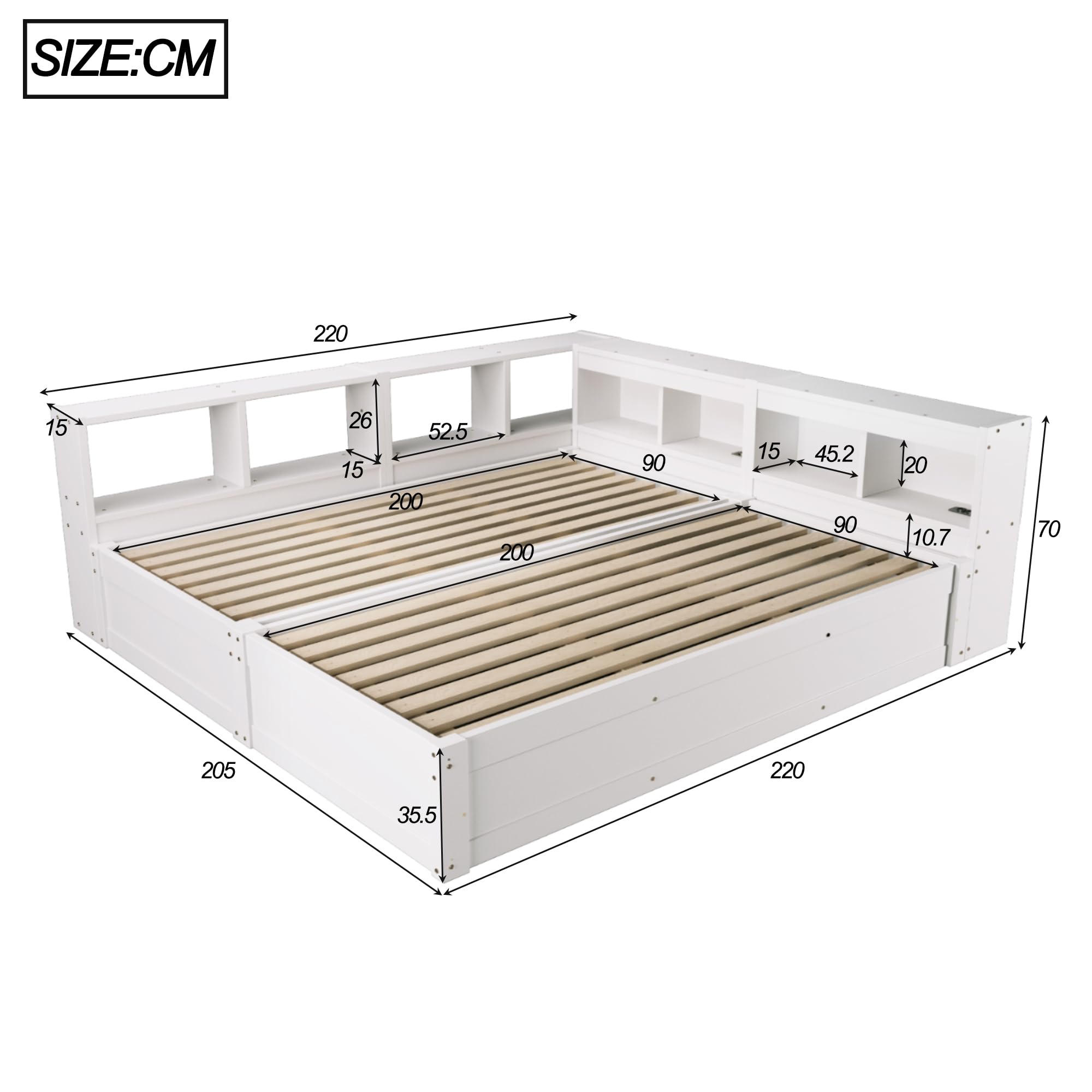 Generisch Łóżko wielofunkcyjne 90/180 x 200 cm białe z gniazdkiem LED miejsce do przechowywania