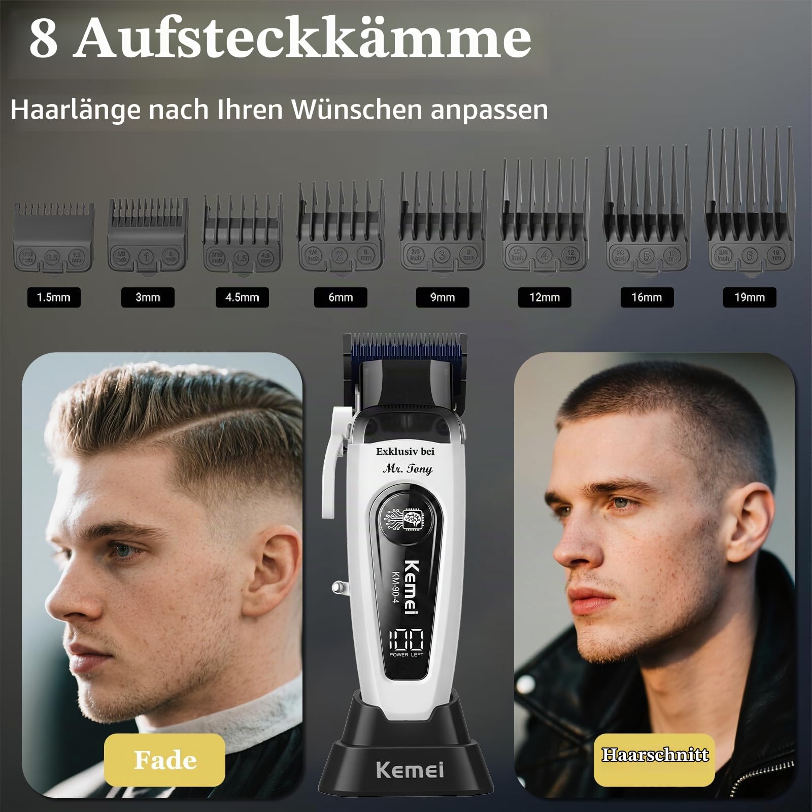 KEMEI 90-4Elektrischer Haarschneider MÄNNER, Haarschneidemaschine Profi | Bürstenlosem 11500 RPM Motor, DLC-Klinge & 8 Aufsteckkämmen, LED-Display & Ladestation-Perfekt für Anfänger & Profis(Weiß)