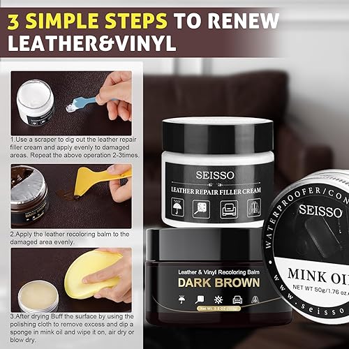 Miniatura 10 de SEISSO Kit de reparación de cuero para muebles, kit de reparación de vinilo negro con aceite de visón, bálsamo de recoloración de cuero interior del