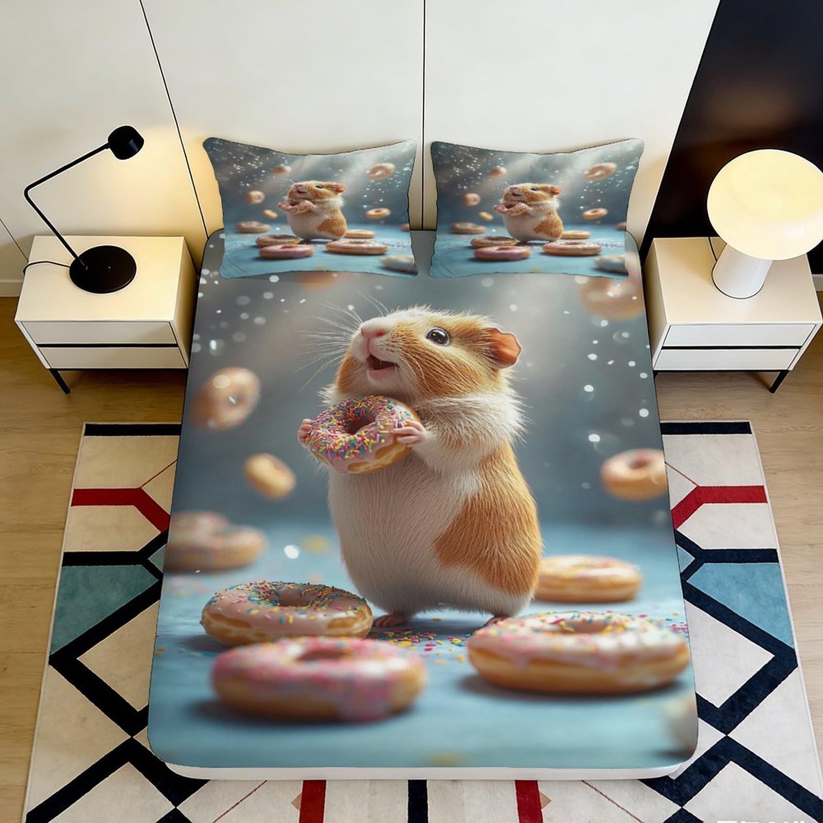 3D Printed Hamster Donut Fitted Sheet Microfiber Non-Slip Deep Pocket Hamster Donut Mattress Fitted Cover Bedroom Bedding Washable 160x200x25cm