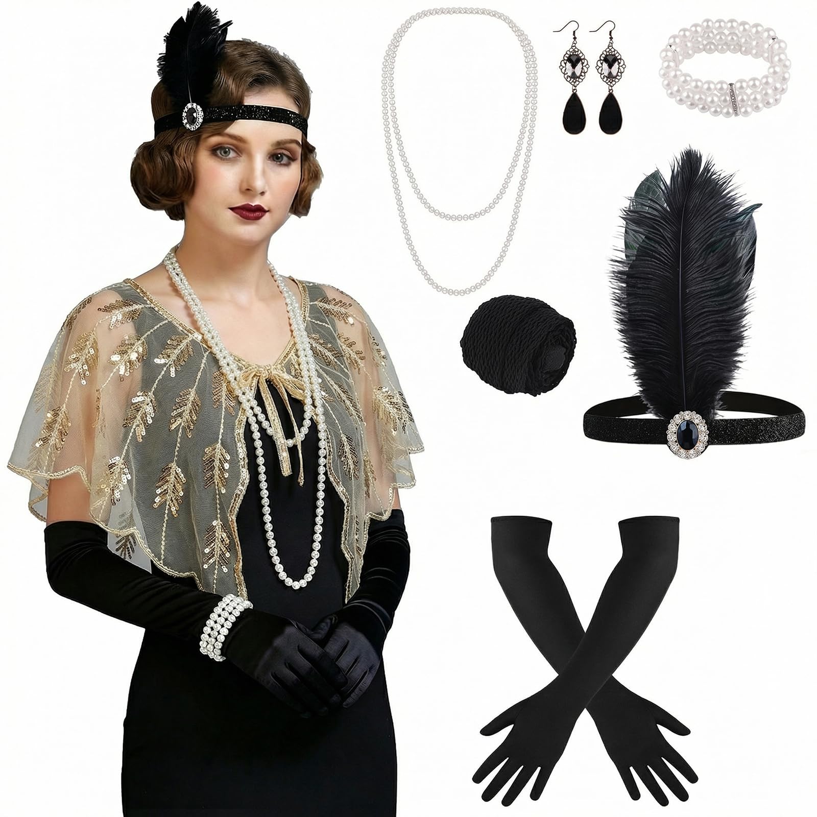 ELECLAND 10 Pieces 1920s Flapper Gatsby Accessories Set Fashion Roaring 20's Theme Set with Headband Headpiece for Women (Apricot Gold, Style 3) — image 1