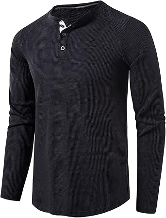 Mens Waffle Henley Shirts Classic Button Solid Color Basic Tops Long Sleeve Crewneck Pullover Tees Casual Golf Tops