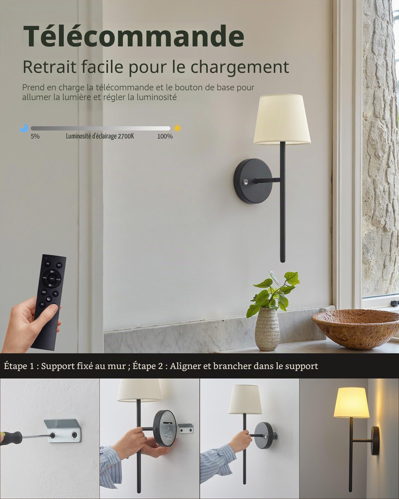 Ensemble d'appliques murales sans fil rechargeables, 2 pièces, alimentées par batterie, 5200 mAh, réglables, appliques murales sans fil avec télécommande, applique murale avec abat-jour en