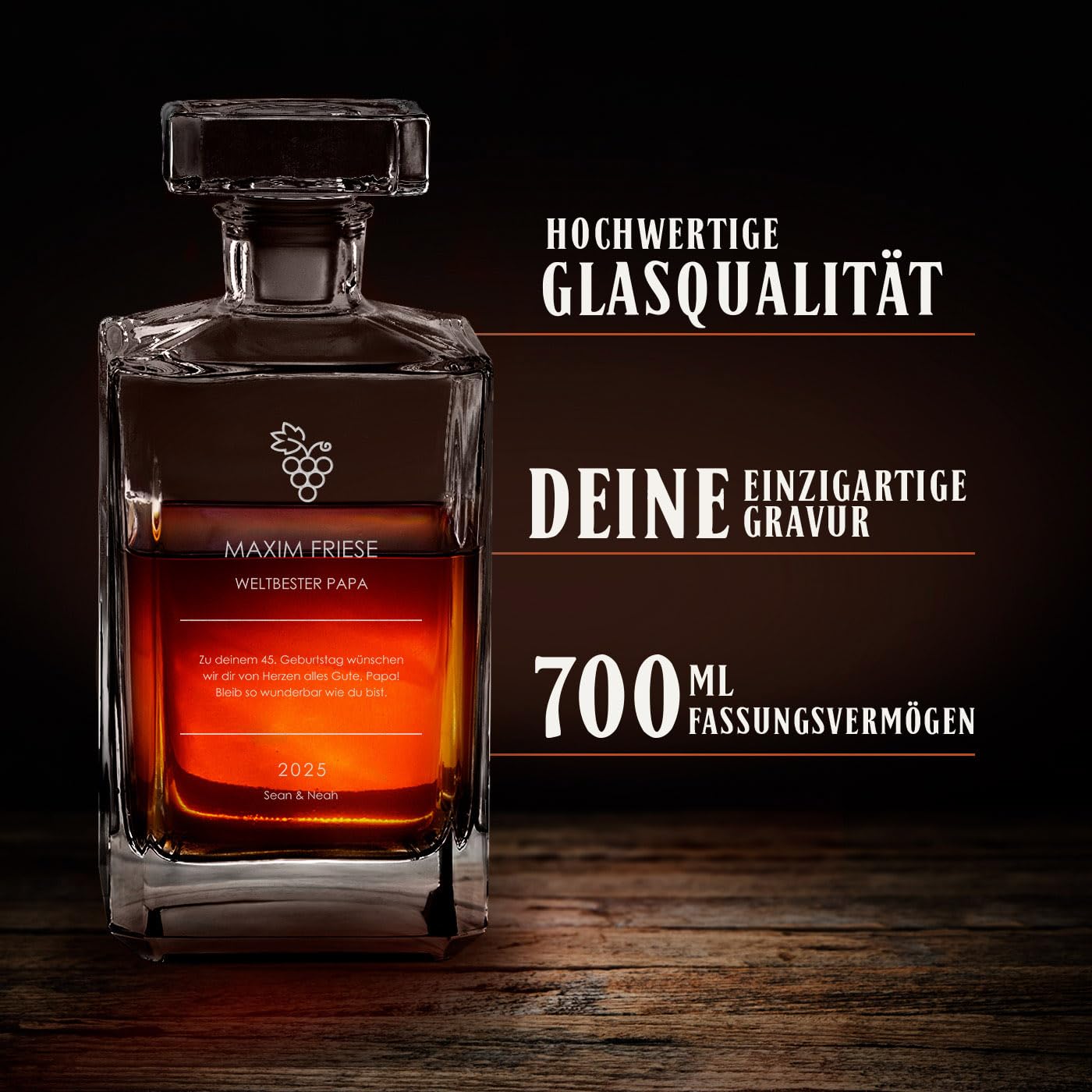 Maverton Bourbon Whiskey Karaffe + 6 Whiskygläser mit Gravur personalisiert