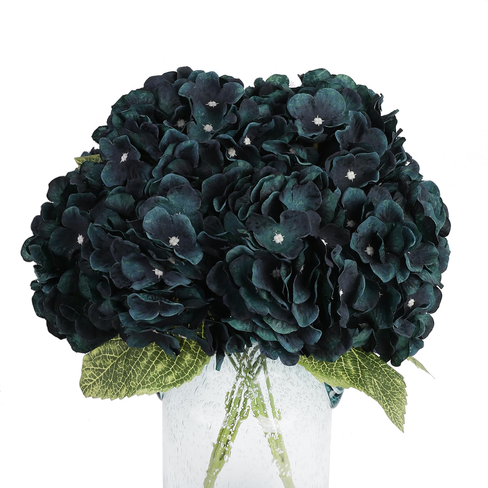 Jim's Cabin Artificial Fake Flowers Silk Hydrangea Arrangements with 5 Big Heads Plastic Floral Home Kitchen Bouquet for Wedding Party Decor DIY (Dark Blue)