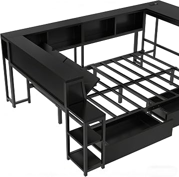 Bellemave Full Size Corner Bed Frame with Desk and Storage Drawers,Full Metal Platform Corner Bed Frame with Charging Station and LED Lights, Full Daybed for Kids Teens Guests,Black