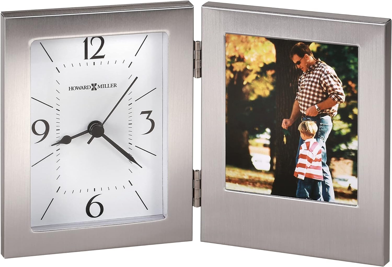 Howard Miller Bay II Tabletop, Decorative Desk and Shelf Clock with Photo Frame, Battery Operated Silent Non-Ticking Glass Crystal Clock for Modern Home Decor, Aluminum Finishing
