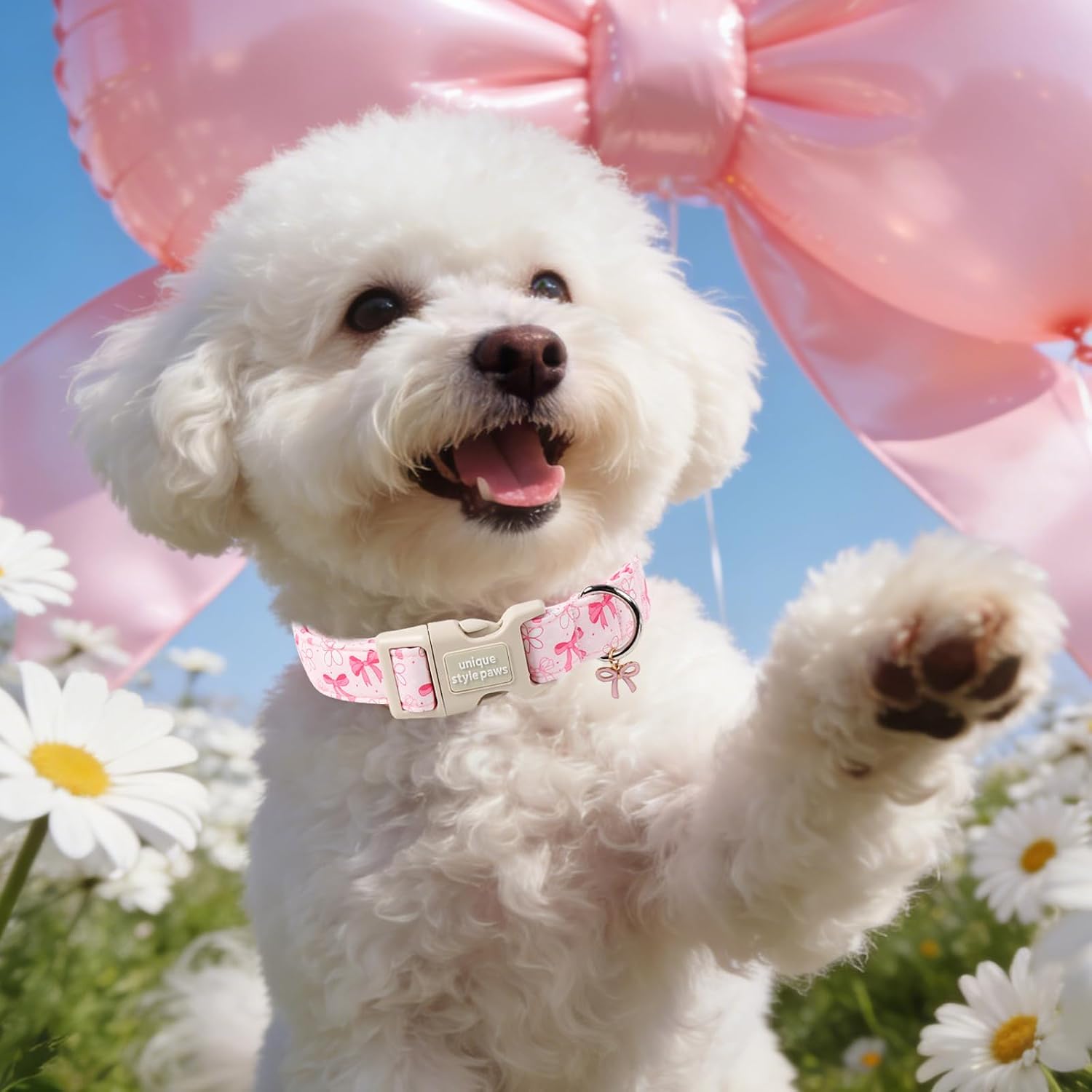 Unique Style Paws Pink Bow Dog Collar,Pink Flower Dog Collar for Small Dogs,Soft Cotton Puppy Collars with Adjustable Buckle for Small,Medium,Large Dogs,Gift for Puppy image 4