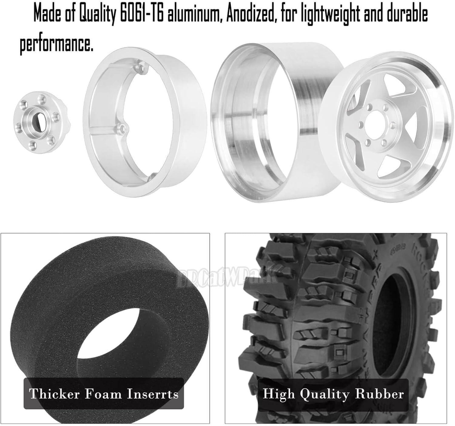 4PCS RC 1.9 Wheel Tires for 1/10 TRX4 TRX6 SCX10 SCX10 II 90046 SCX10 III AXI03007 SCX10 Pro Gen7/8 D90 VS4-10 MST CFX RC Crawler Car,Alloy 1.9 Beadlock Wheel Rubber Tires w/Sponge,Silver