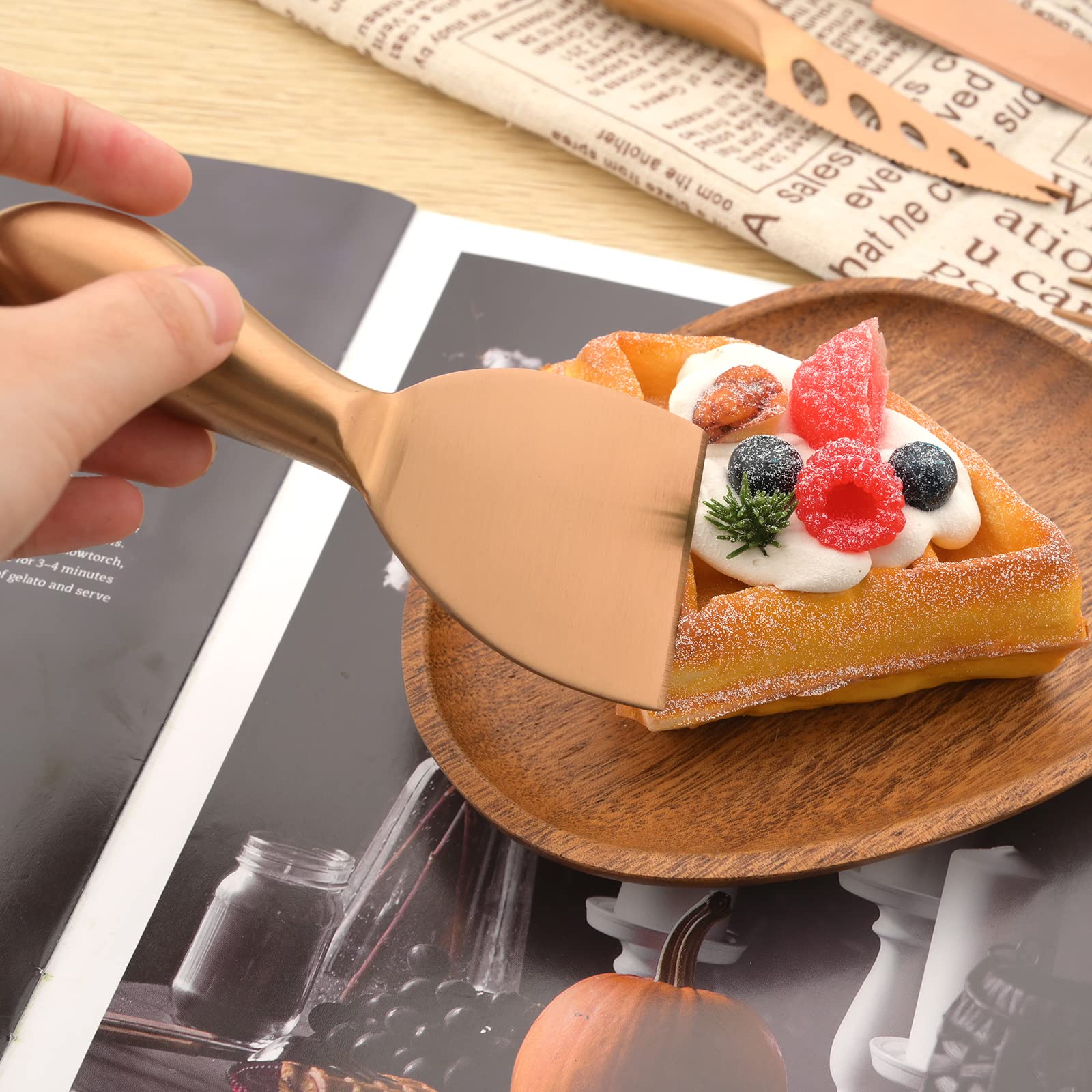 Snplowum Matte 6-Piece Cheese Knife Set, Complete Stainless Steel Dessert Knife Set For Daily Home Restaurant Use, Kitchen Tool Utensils Gift Box For Butter Pizza Cheese Cake ( Copper )