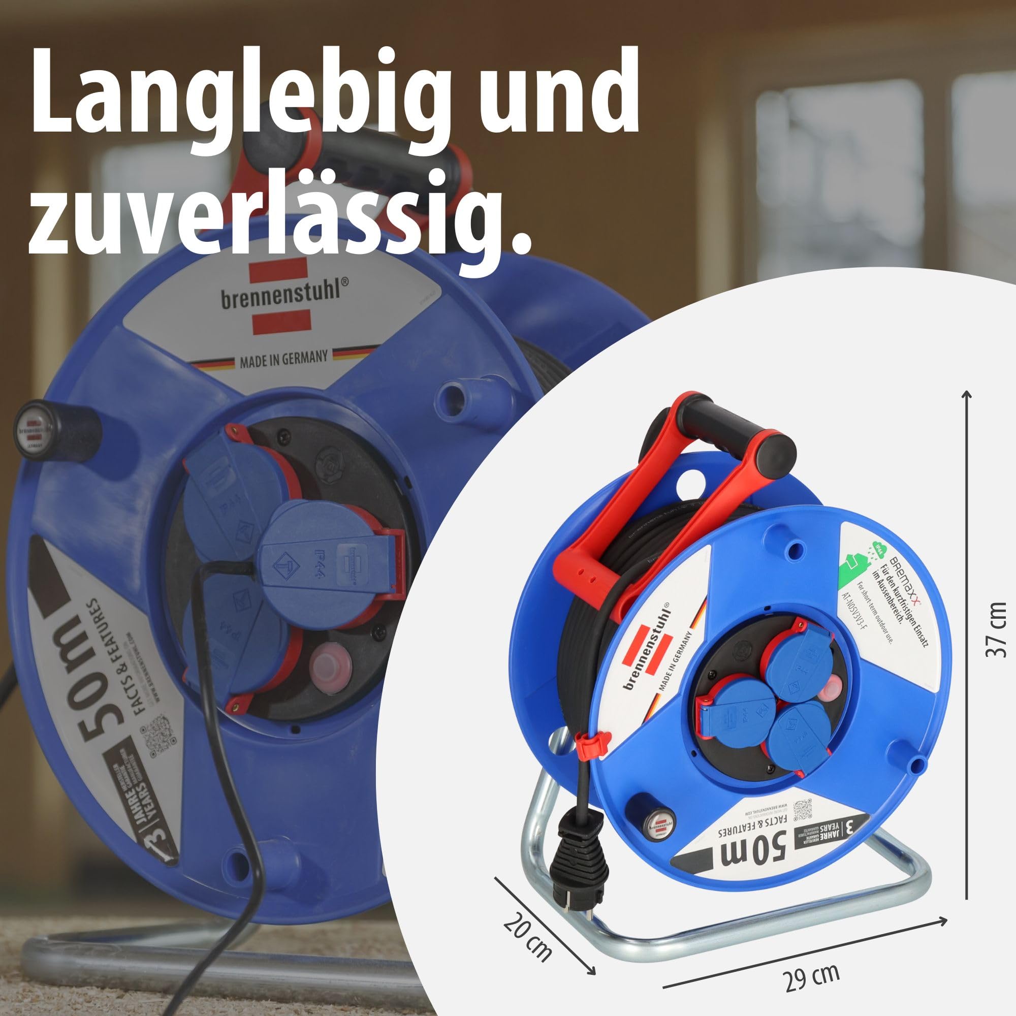 Brennenstuhl Garant IP44 Kabeltrommel (50m, Spezialkunststoff, kurzfristiger Einsatz im Außenbereich, Made in Germany) blau