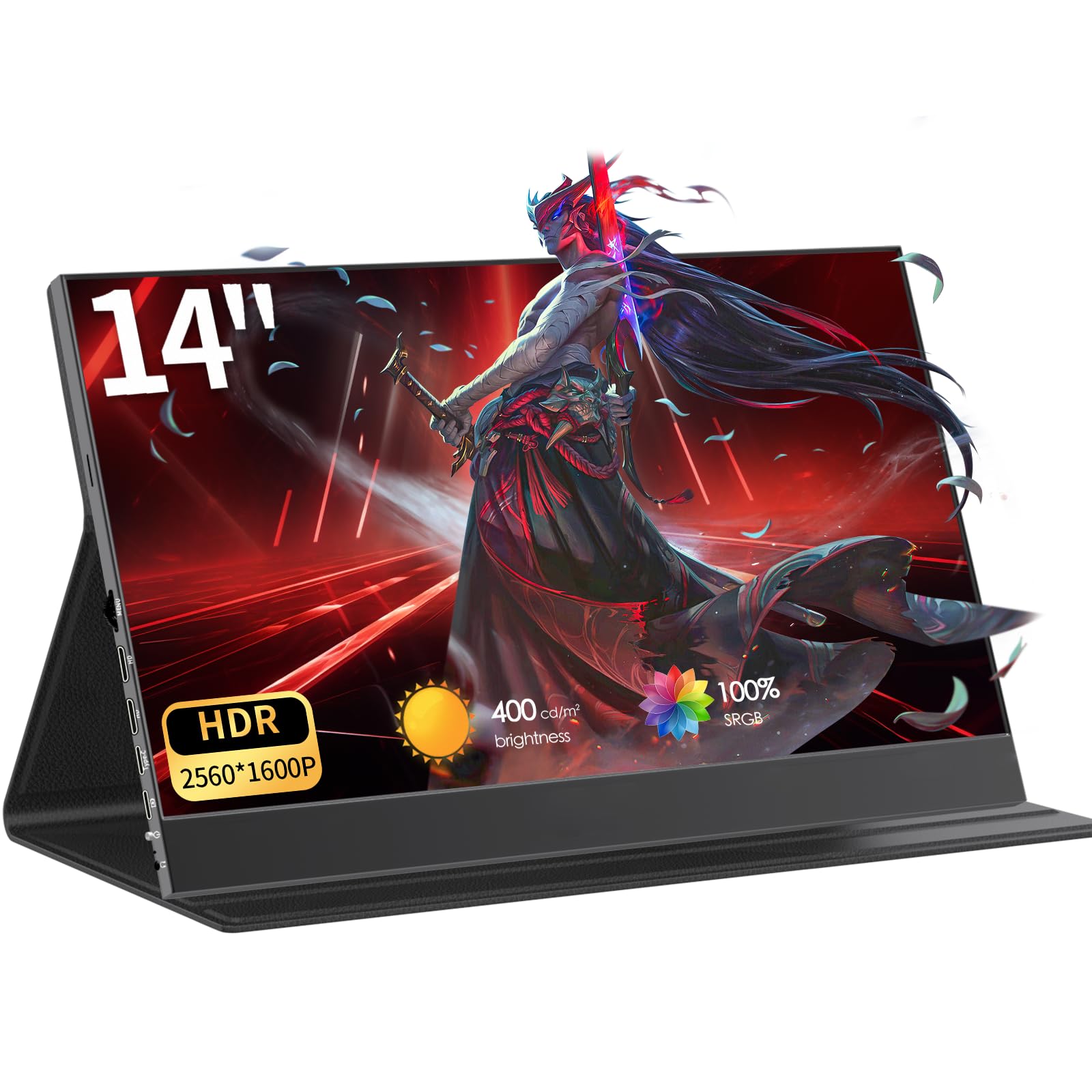 14 inch Portable Monitor, 2560 * 1600p IPS Ultra-Slim Travel Monitor 100% sRGB HDR 400cd/m² Eye-Care HDMI Type-C Portable Screen for Laptop Mac Pc Phone