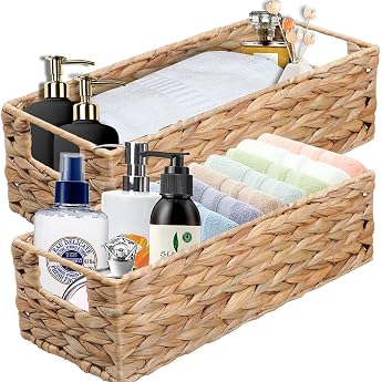 Outbros Set of 2 Woven Storage Baskets Shelf Baskets Water Hyacinth Decorative storage box organiser baskets in shelf 34 x 13.5 x 10 cm and 37 x 16.5 x 11 cm