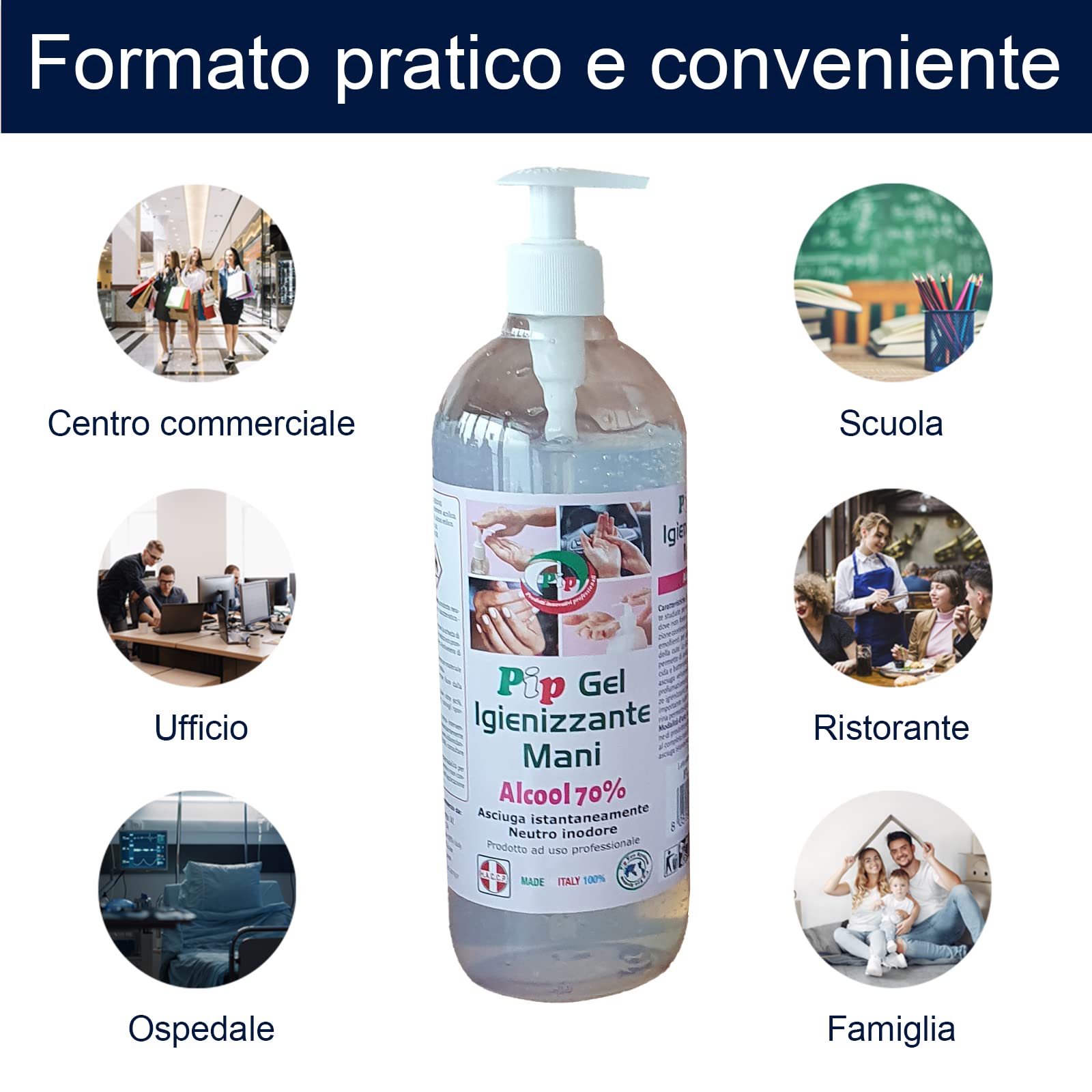 PIP Gel Igienizzante 1 Litro con Alcol 70%, Completo di Dosatore, Uso Personale, Scuola, Ufficio e Negozio, Non Irrita, Adatto a Pelli Sensibili, Non Profumato, Professionale, Fl. 1 Litro