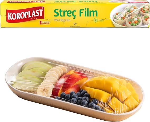 Koroplast Streç Film 33 metre, Şeffaf Gıda Saklama Streci BPA İçermez, Koku Hapsi, Kapak Görevi Gören Pratik Kullanım, Taze Kahvaltılık, Yemek, Meyve ve Sebze Saklama için Kullan At Streç Film 33 mt