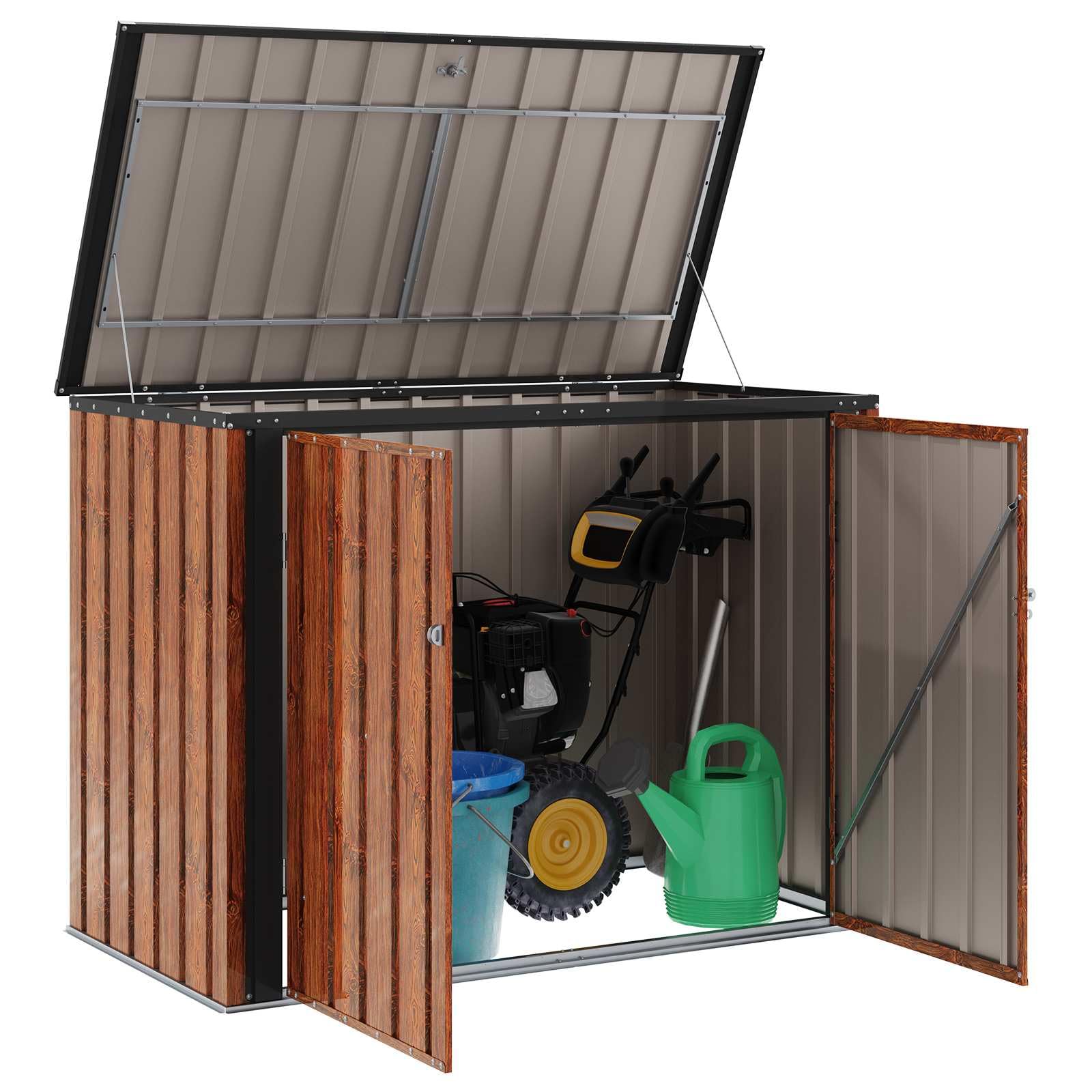 Caja de almacenamiento de jardín marrón de acero, 151,5 x 82 x 110,5 cm, con mucho espacio de almacenamiento, resistente a la intemperie, para herramientas de jardín y protección al aire libre, ideal