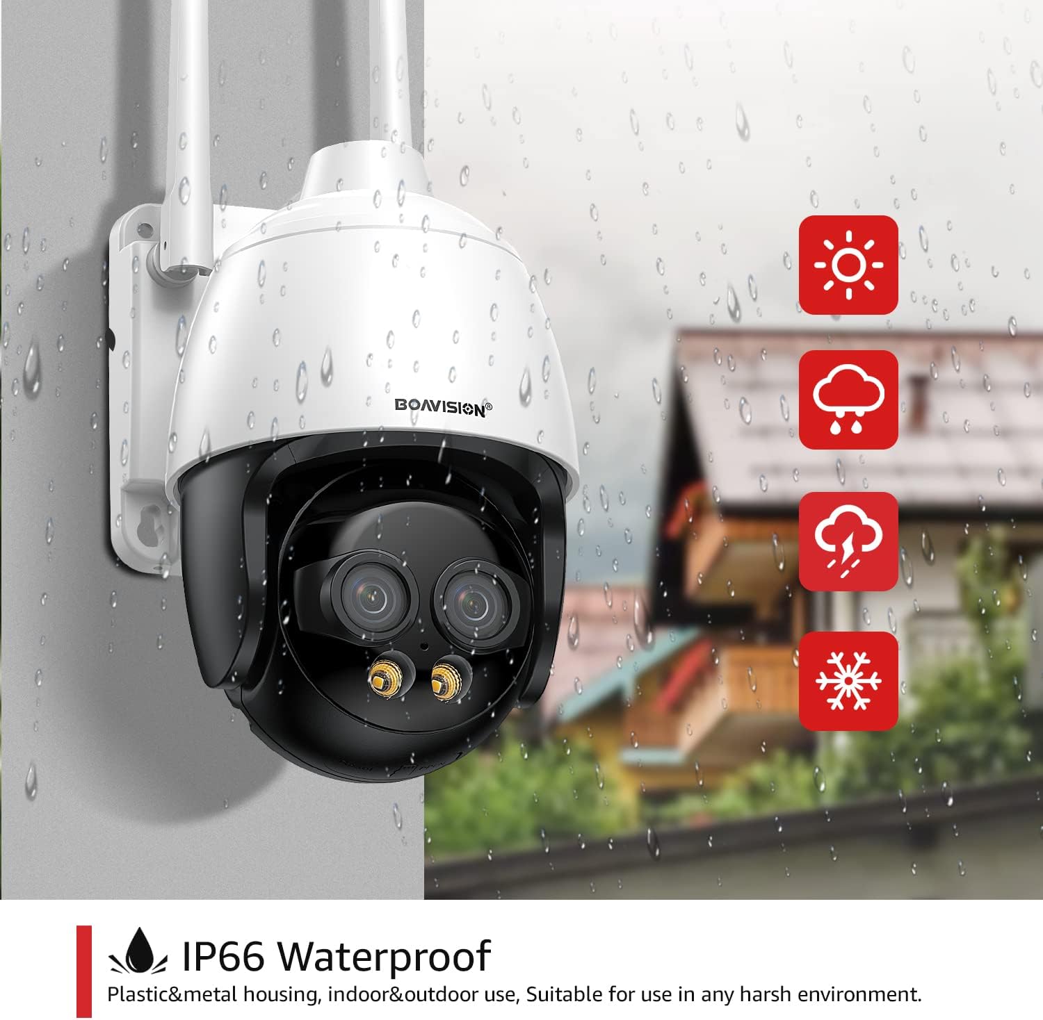 Person receiving a package and interacting with someone via the BOAVISION camera's two-way audio feature