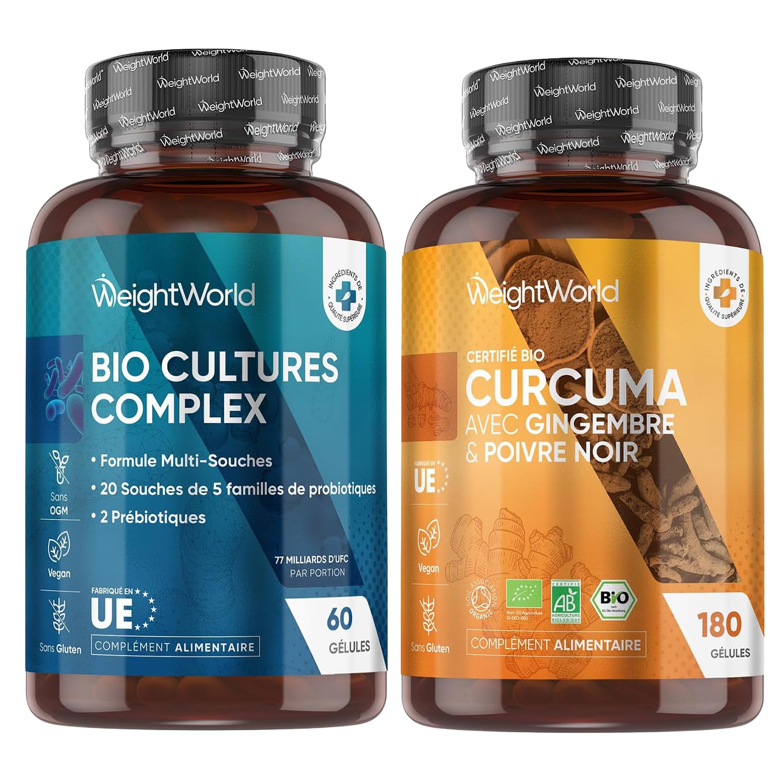 Duo Complémentaire - Curcuma avec Probiotique - Complexe avec 77 milliards d'UFC par portion (20 souches), Probiotiques et Prébiotiques (FOS et Inuline) 60 Gélules - Curcuma Bio 180 Gélules Vegan