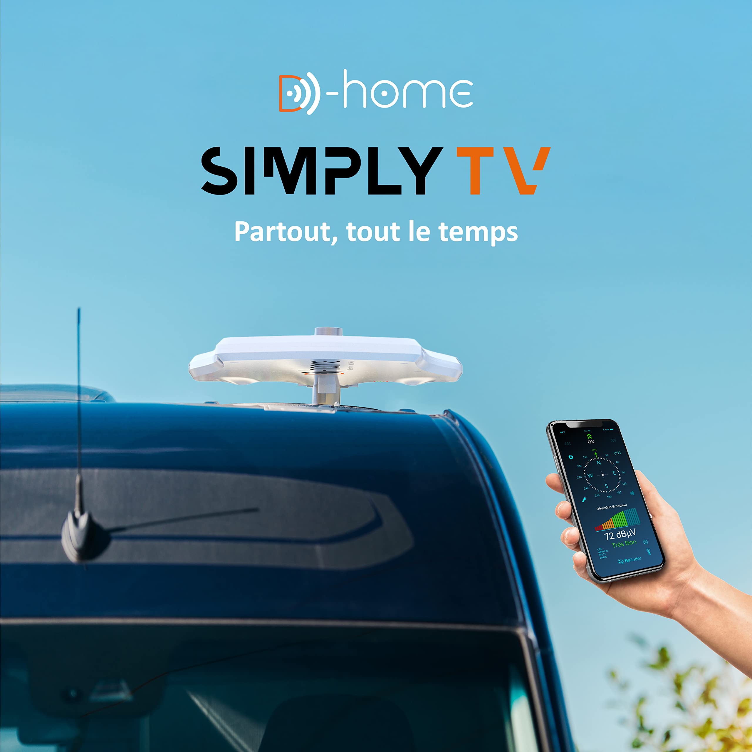 D-Home Explorer Connect - Antena amplificada de TV para Caravana, Ganancia total 30 DB. Antena conectada Pilotable por Aplicación Móvil para Recepción Óptima. Fácil instalación/llave en mano