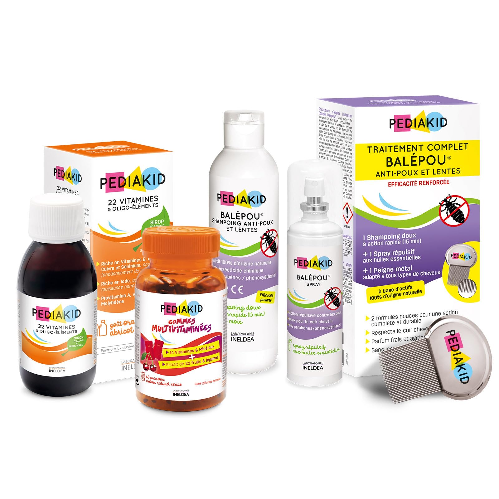 PEDIAKID - Box Rentrée des Classes - Traitement complet Balépou® - Gommes multivitaminées, Sirop 22 vitamines & oligo-​éléments - Forme & vitalité - Aide à prévenir les infestations de poux -​Dès 3 ans