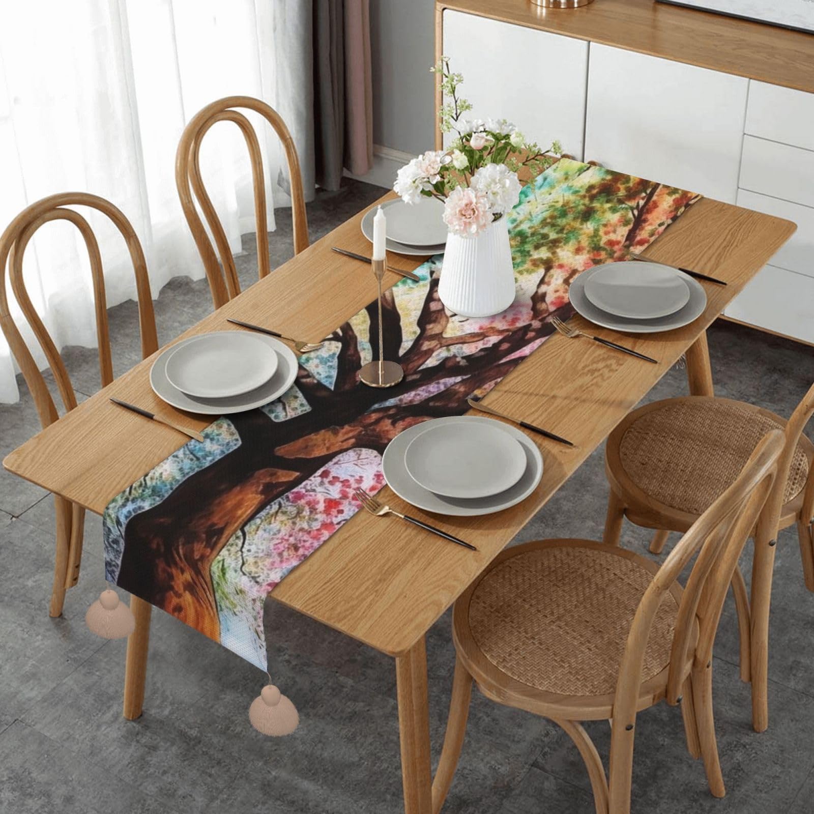 Colorful Tree Print Table Runner Christmas Table Cover Dresser Scarves for Dining Table Wedding Party Indoor Home Decor 60 X 14 in
