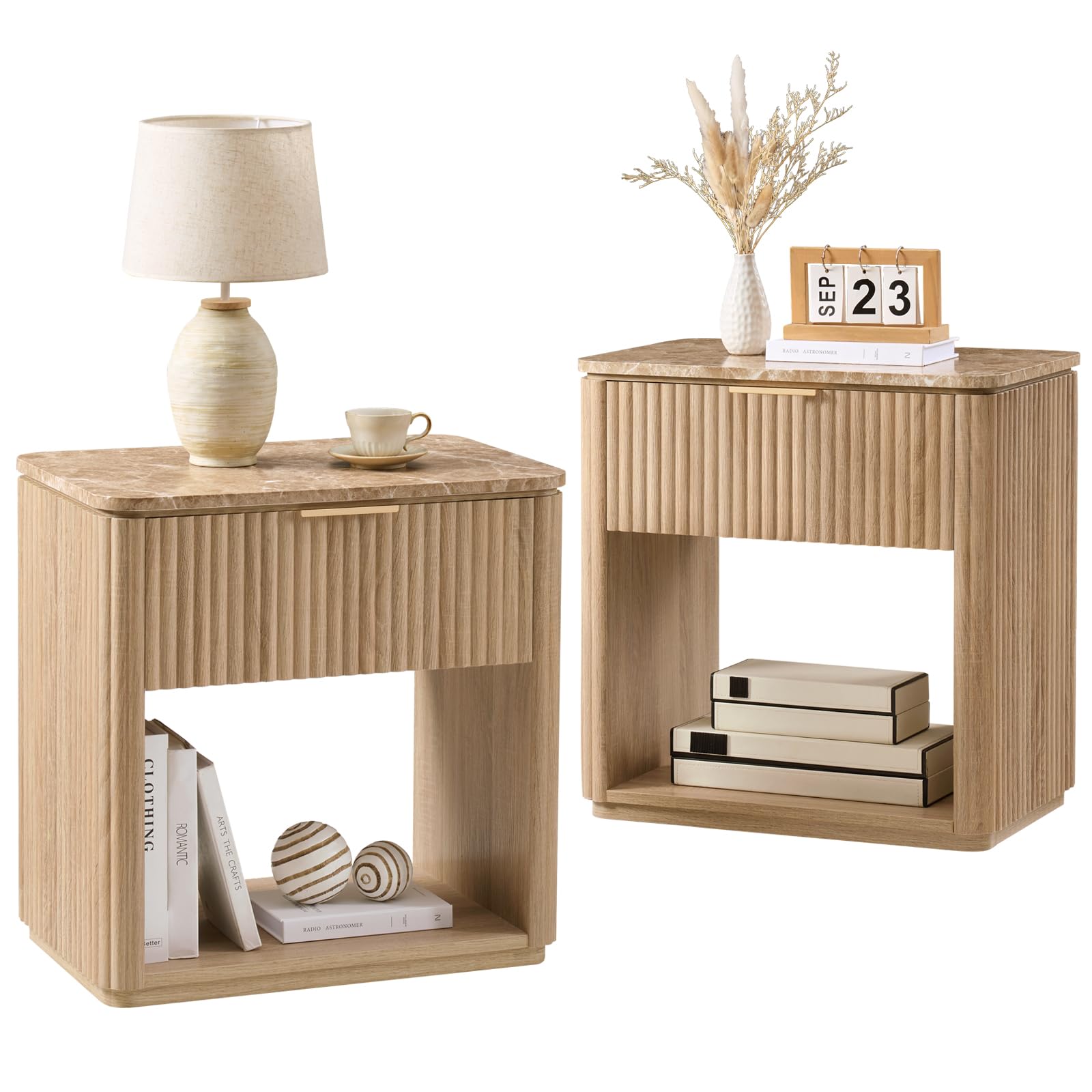 fluted nightstand set of 2, bedside table with faux marble-top, engineered wood side table with drawer open shelf, curved corners, modern night stand for bedroom, small spaces, natural oak
