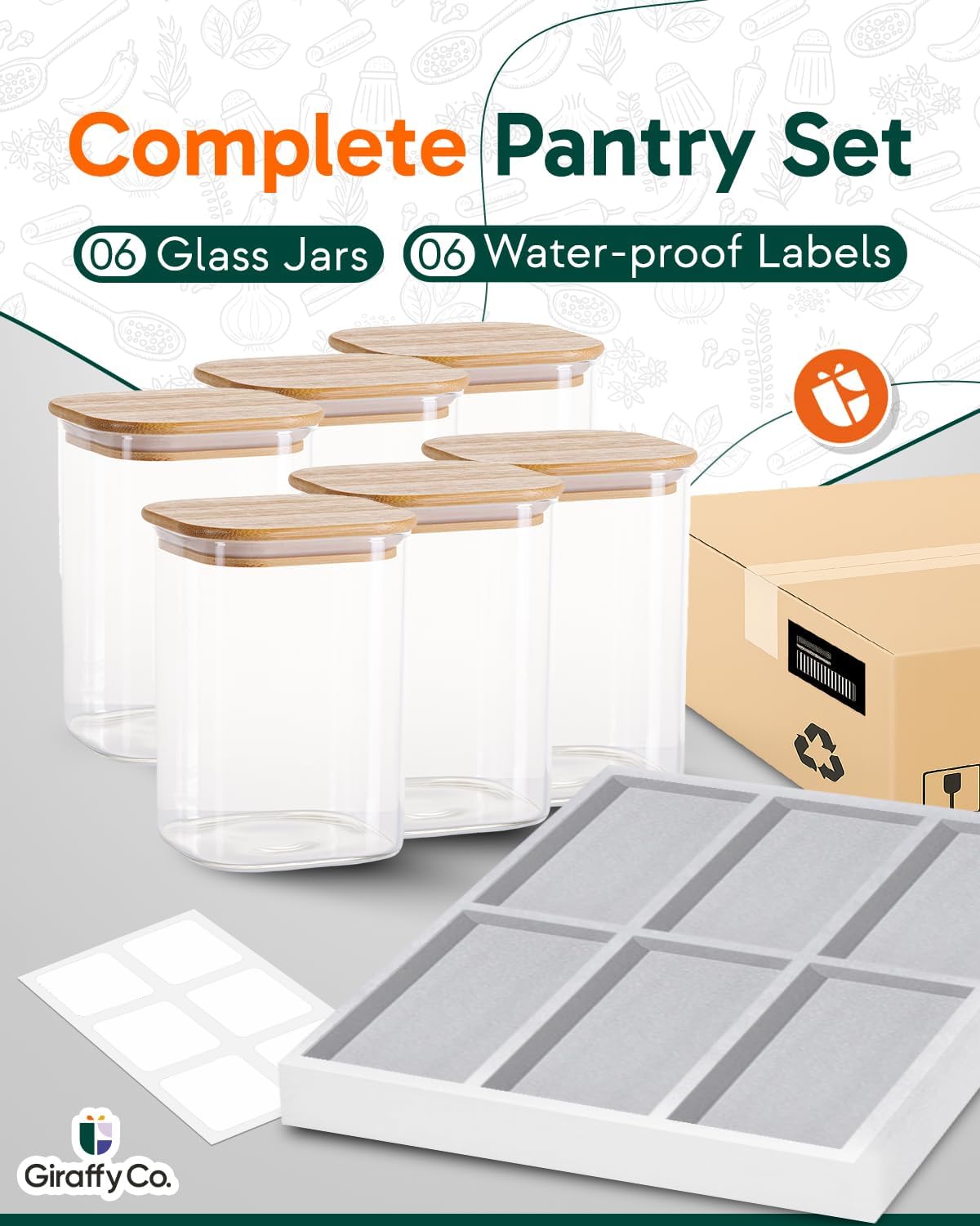 Glass Food Storage Jars with Airtight Lids – Wide Mouth Pantry Containers, Thick BPA-Free Glass, Moisture & Insect Resistant, Customizable Labels Included – 38 oz x 6